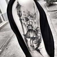 Vintage style black ink upper back tattoo of woman walking down the night city