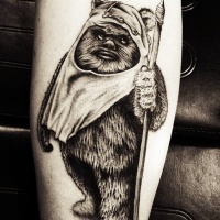 Vintage style black ink very detailed tattoo of little ewok