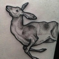 Vintage style black ink wild deer tattoo on thigh