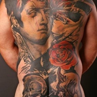 Vintage style colored back tattoo of ancient statue and flowers