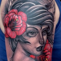 Vintage style colored large shoulder tattoo of beautiful woman portrait and red flowers
