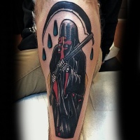 Vintage style colored leg tattoo of mystic Grimm reaper