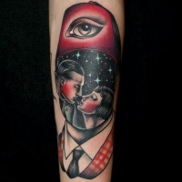 Vintage style colored mystical faceless portrait tattoo on arm
