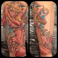 Vintage style colored seductive pin up girl tattoo on leg