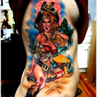 Vintage style colored seductive woman pirate tattoo on side