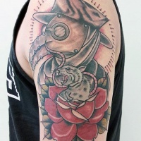 Vintage style colored shoulder tattoo of plague doctor with rose and rat