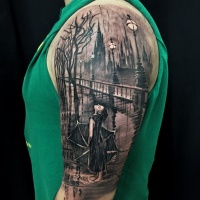 Vintage style colored shoulder tattoo of rainy night city with woman