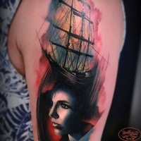 Vintage style colored shoulder tattoo of woman face with sailing ship