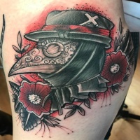 Vintage style colored tattoo of plague doctor with flowers