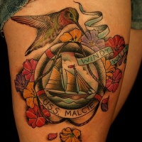 Vintage style colored thigh tattoo of sailing ship portrait with flowers and lettering