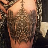 Vintage style colored thigh tattoo of old cathedral