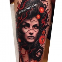 Vintage style colored woman portrait tattoo by Justin Hartman