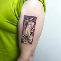 Vintage style colorful upper arm tattoo of ancient statue card