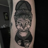 Vintage style cool designed black and white human like forearm tattoo of cat portrait