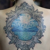 Vintage style designed colored back tattoo of blue ocean portrait