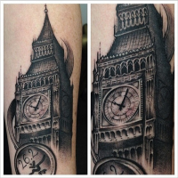 Vintage style detailed arm tattoo of Big Ben tower