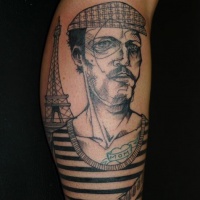 Vintage style detailed arm tattoo of French man with Eiffel tower