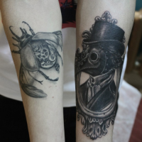 Vintage style detailed forearm tattoo of plague doctor with mechanical bug