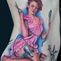 Vintage style painted colored seductive hairdresser tattoo on side