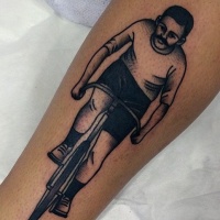 Vintage style simple black ink bicycle rider tattoo on leg