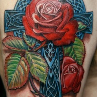 Vivid colors celtic cross with red rose tattoo on half sleeve