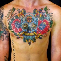 vivace colore cranio mexicano tatuaggio sul petto