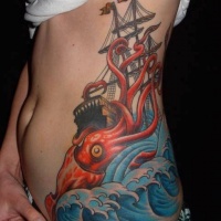 Vivid colors ship and giant cuttlefish tattoo on ribs