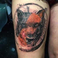 Vivid colors trash polka fox tattoo on thigh for girls