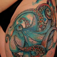 Vivid colors watercolor octopus tattoo on hip