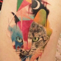Tatuaggio sulla gamba il gatto colorato & la luna