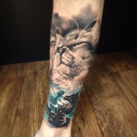 Watercolor cat with chess pieces forearm tattoo