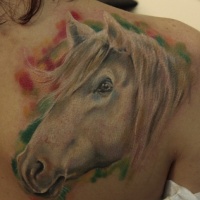 Watercolor horse head tattoo on shoulder blade