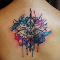 Watercolor lotus with mandala tattoo on back