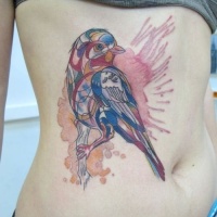 Watercolor lovely bird tattoo on ribs