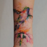 Tattoo von süßem Kilibri in Watercolor-Technik am Unterarm