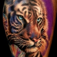 Watercolor lovely tiger with blue eyes tattoo by Giahi