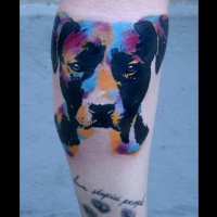 Tatuaje en la pierna, perro y huella, inscripción