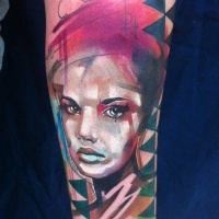 Watercolor portrait of girl forearm tattoo by Ivana Belakova