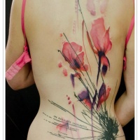 acquarello fiori rossi tatuaggio sulla schiena per la  donna