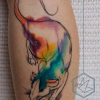 Watercolor style amazing looking leg tattoo of little rat