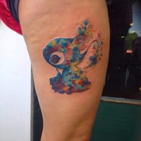 Watercolor style awesome looking cartoon hero tattoo on thigh