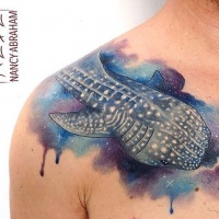 Watercolor style beautiful looking tiger shark tattoo on shoulder