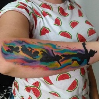 Watercolor style big forearm tattoo of Peter Pan and friends