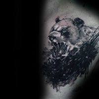 Watercolor style black ink chest tattoo of lion