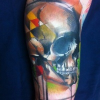 Watercolor style colored arm tattoo human skull