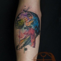 Watercolor style colored arm tattoo of fantasy couple