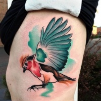 Aquarell Stil großer farbiger Vogel Tattoo an der Seite