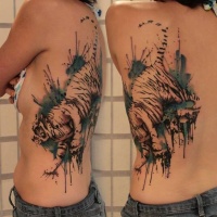 Watercolor style colored half back tattoo of white tiger