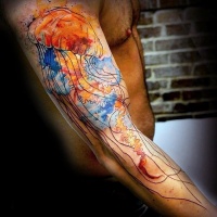 Watercolor style colored sleeve tattoo of jellyfish
