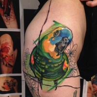 Watercolor style colored tattoo of cute parrot